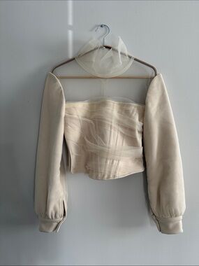 Structured Sheer Cream Puff-Sleeve Cropped Top
